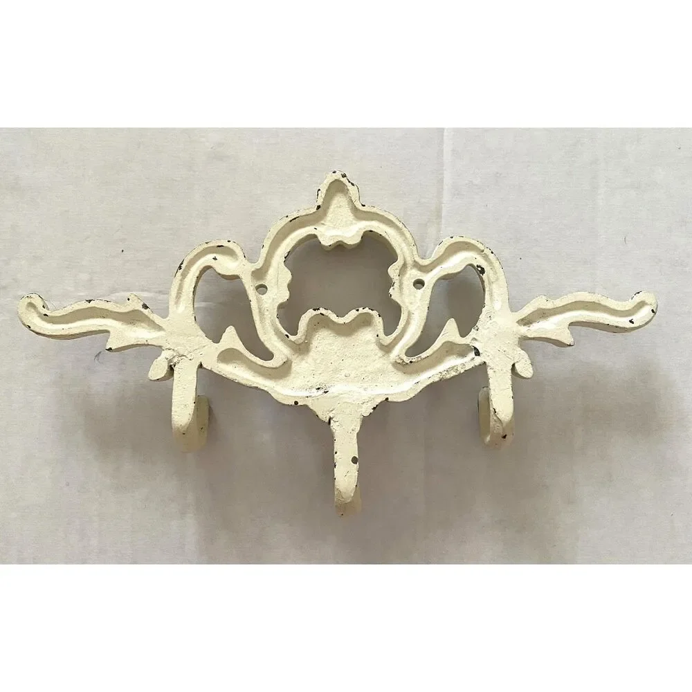 VTG Ornate Iron Hall Tree Hook White Distressed Finish Vintage Decor